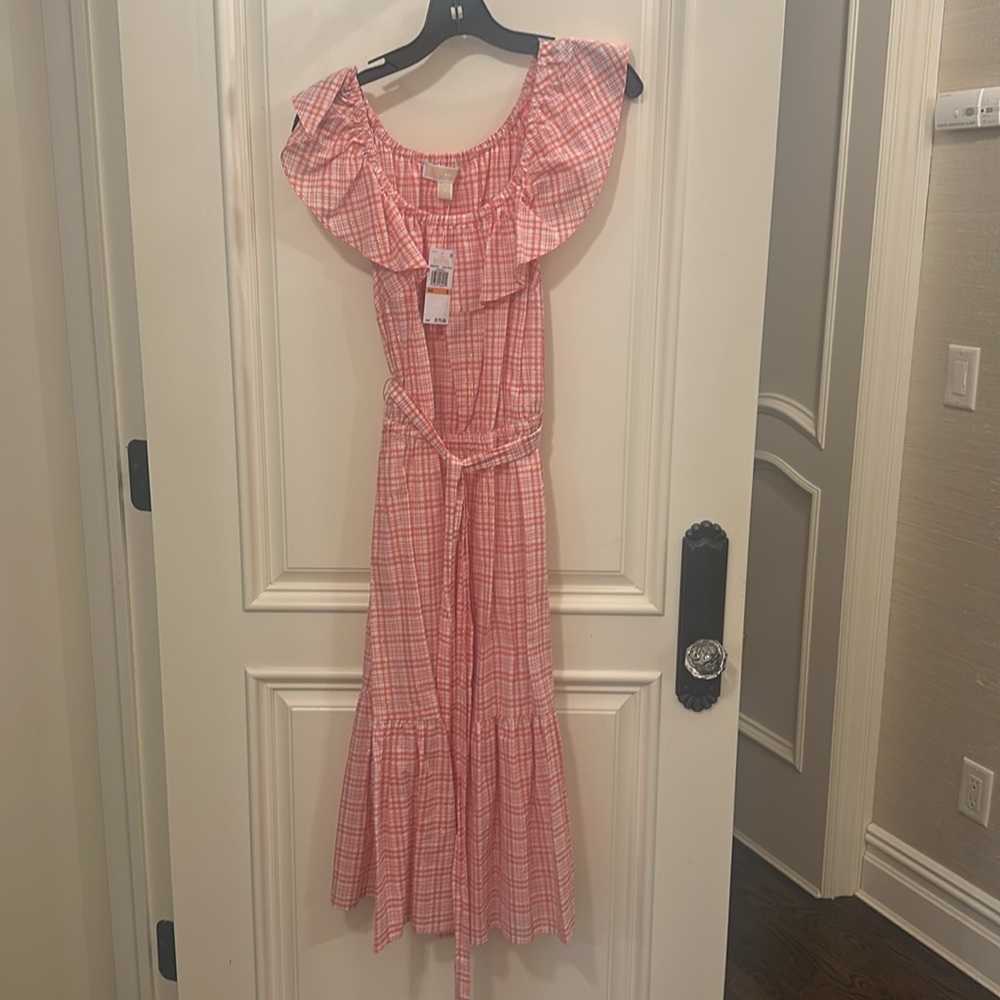 Michael Kors Off the Shoulder Belted Gingham Midi Dress Coral Peach Size small